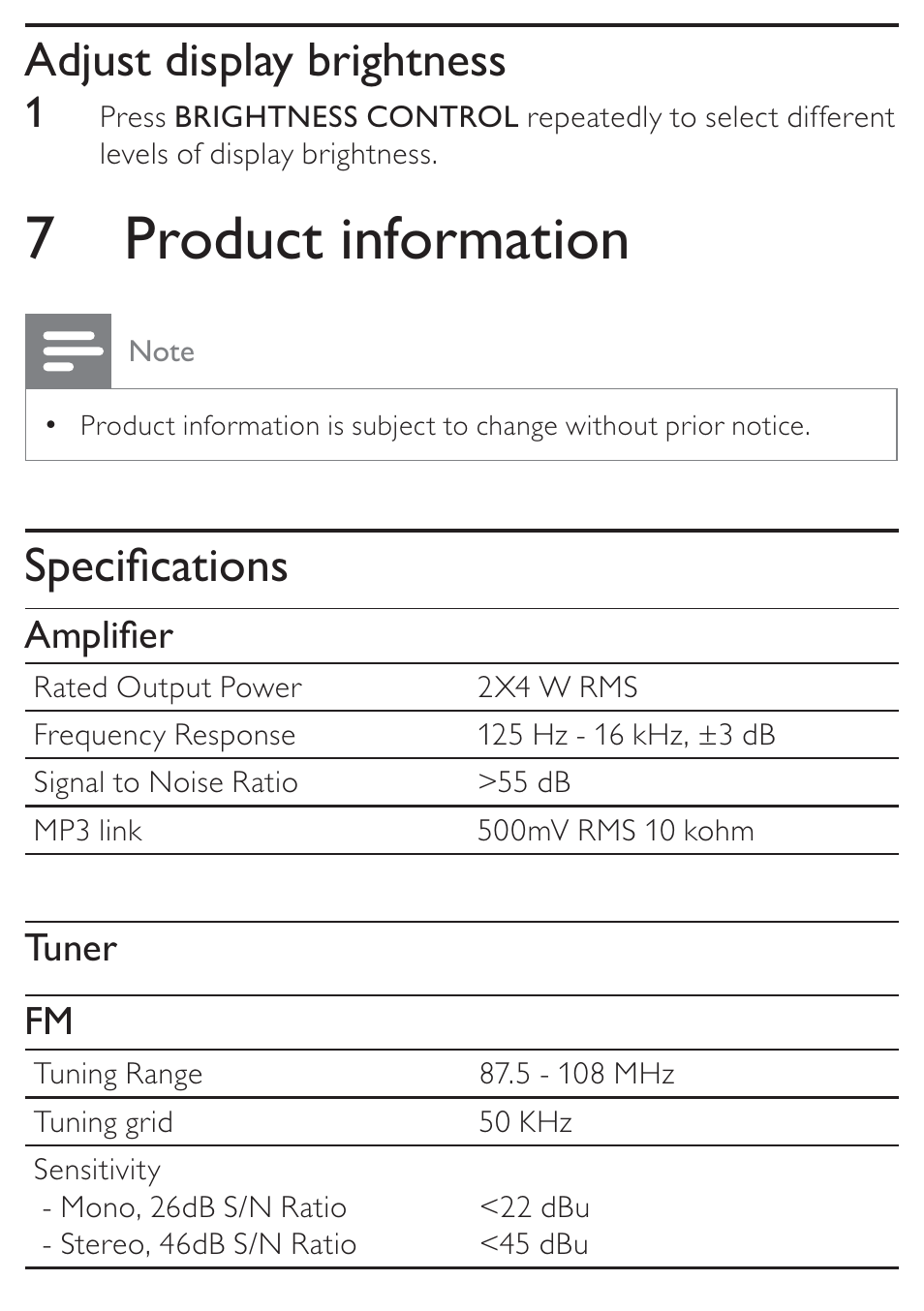 7 product information, Adjust display brightness, Speciﬁcations | Philips DC315/05 User Manual | Page 18 / 21