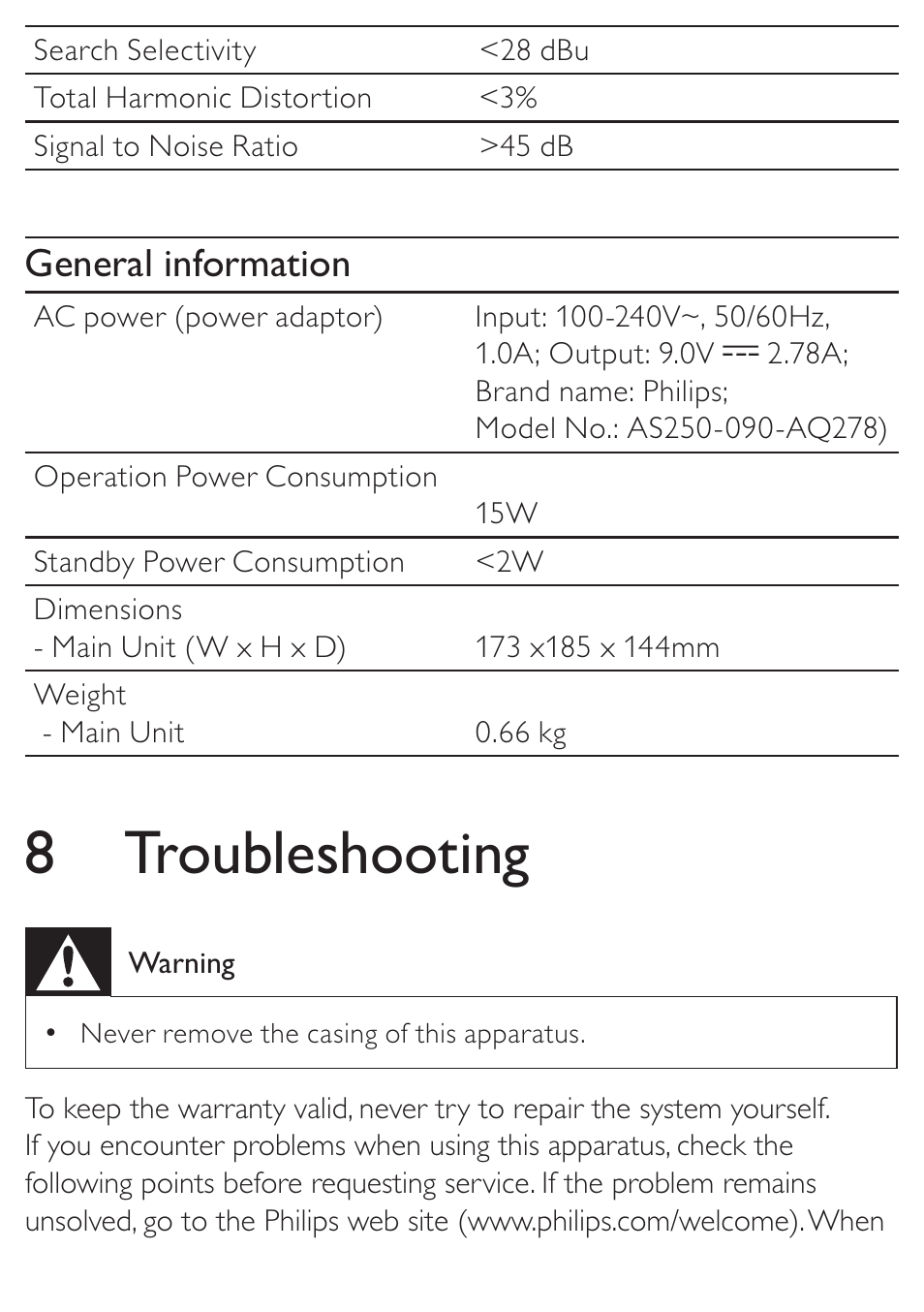 8 troubleshooting, General information | Philips DC315/05 User Manual | Page 19 / 21