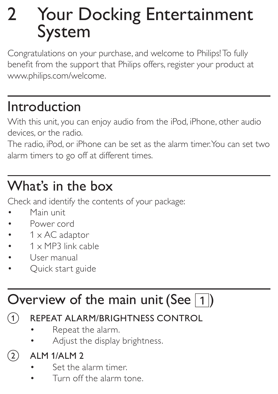 2 your docking entertainment system, Introduction, What’s in the box | Overview of the main unit, See 1) | Philips DC315/05 User Manual | Page 7 / 21