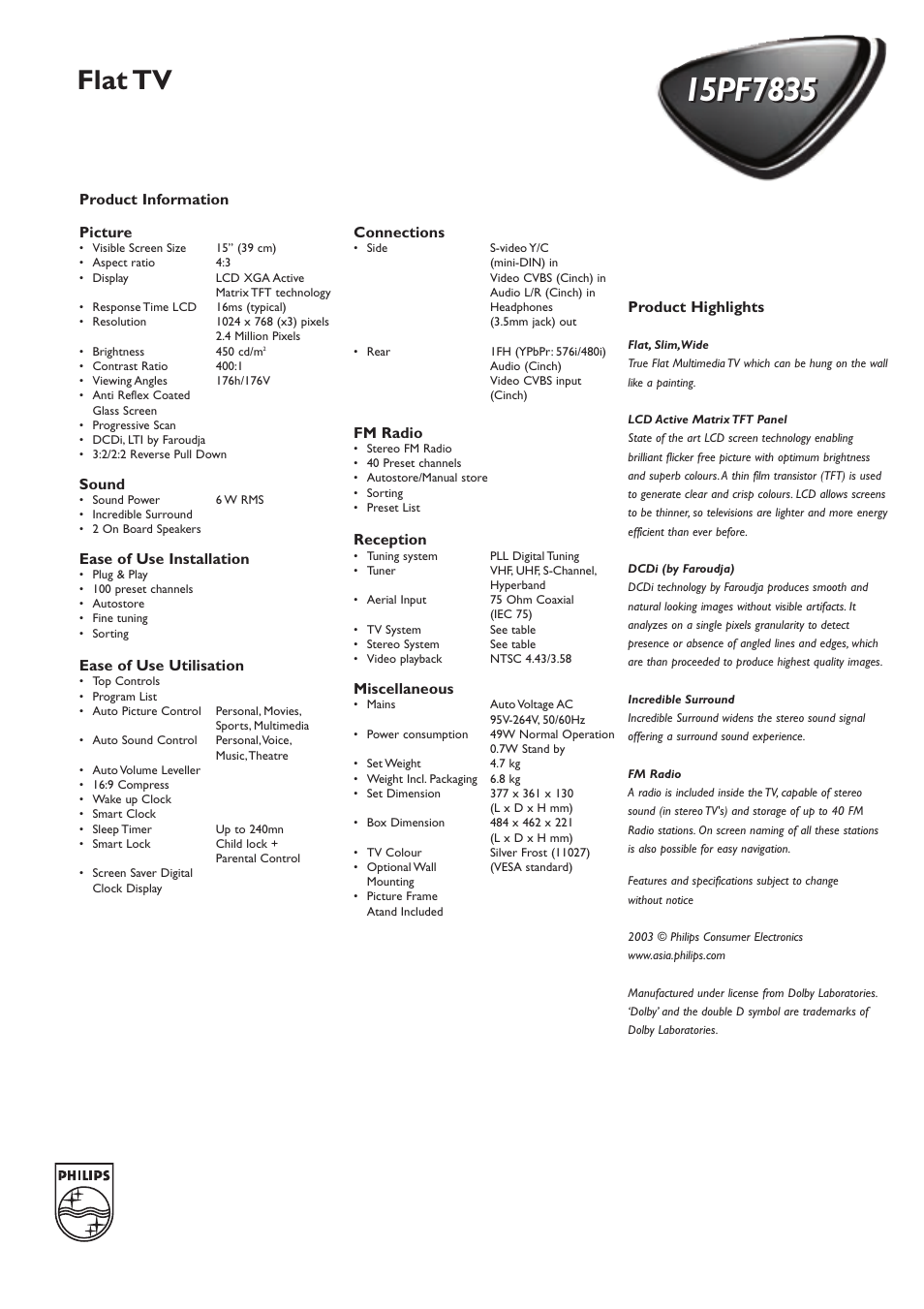 Flat tv | Philips 15PF7835 User Manual | Page 2 / 2