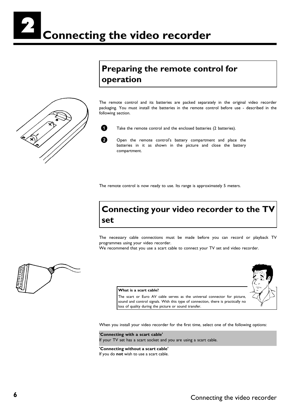 Connecting the video recorder, Preparing the remote control for operation, Connecting your video recorder to the tv set | Philips VR670B/58 User Manual | Page 10 / 49