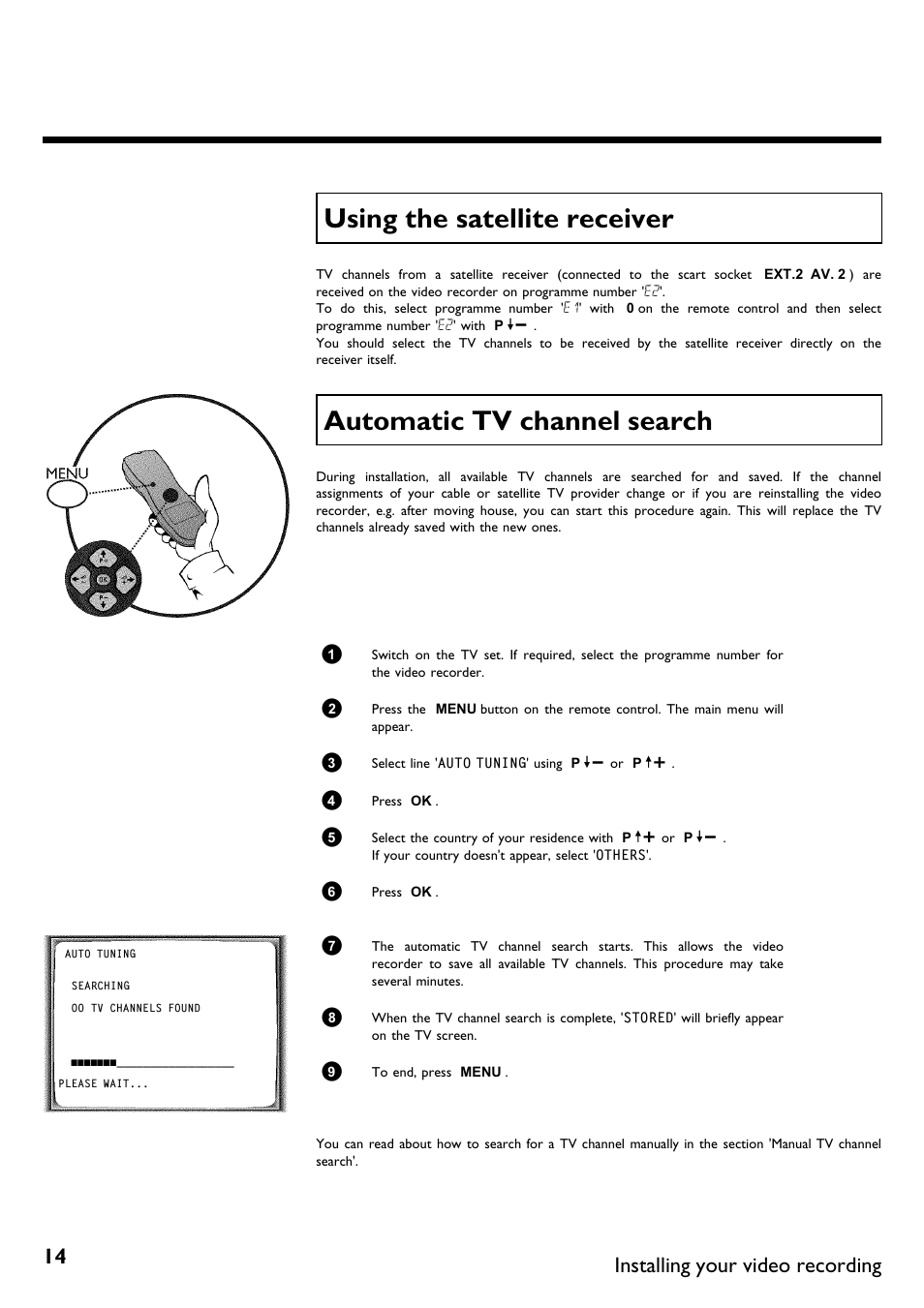 Using the satellite receiver, Automatic tv channel search, Installing your video recording | Philips VR670B/58 User Manual | Page 18 / 49