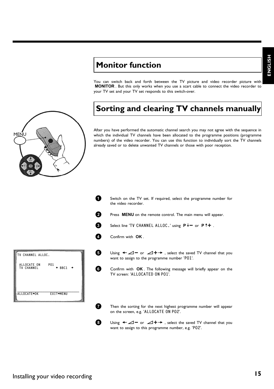 Monitor function, Sorting and clearing tv channels manually, Installing your video recording | Philips VR670B/58 User Manual | Page 19 / 49