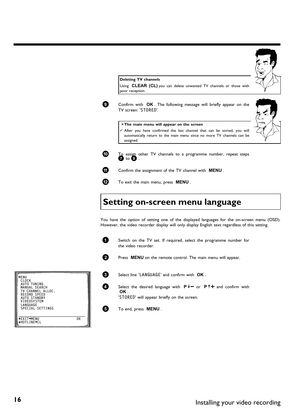 Setting on-screen menu language, Setting on screen menu language, Installing your video recording | Philips VR670B/58 User Manual | Page 20 / 49