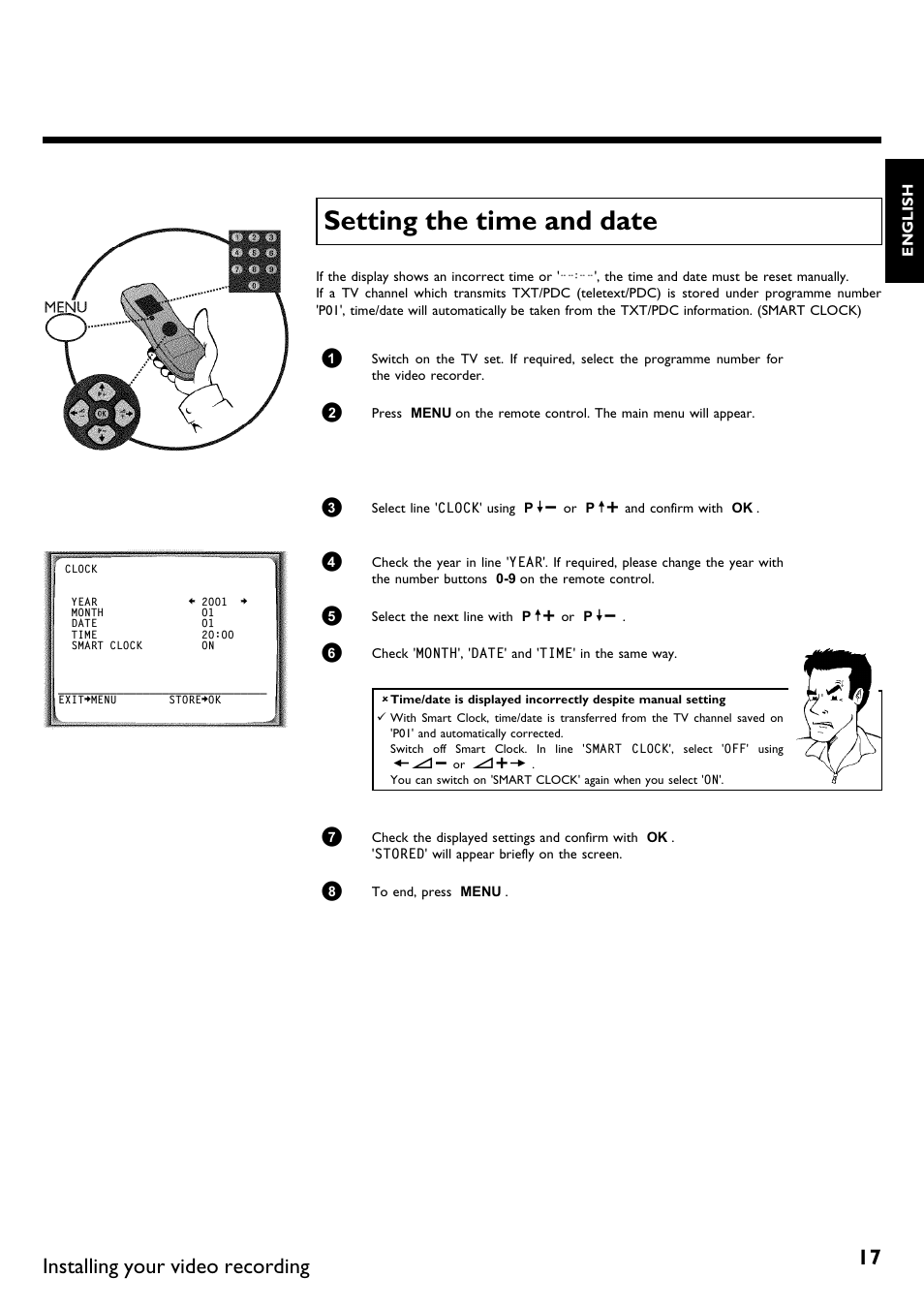 Setting the time and date, Installing your video recording | Philips VR670B/58 User Manual | Page 21 / 49