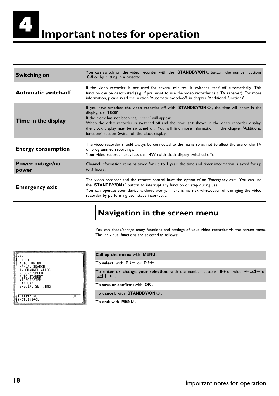 Important notes for operation, Navigation in the screen menu | Philips VR670B/58 User Manual | Page 22 / 49