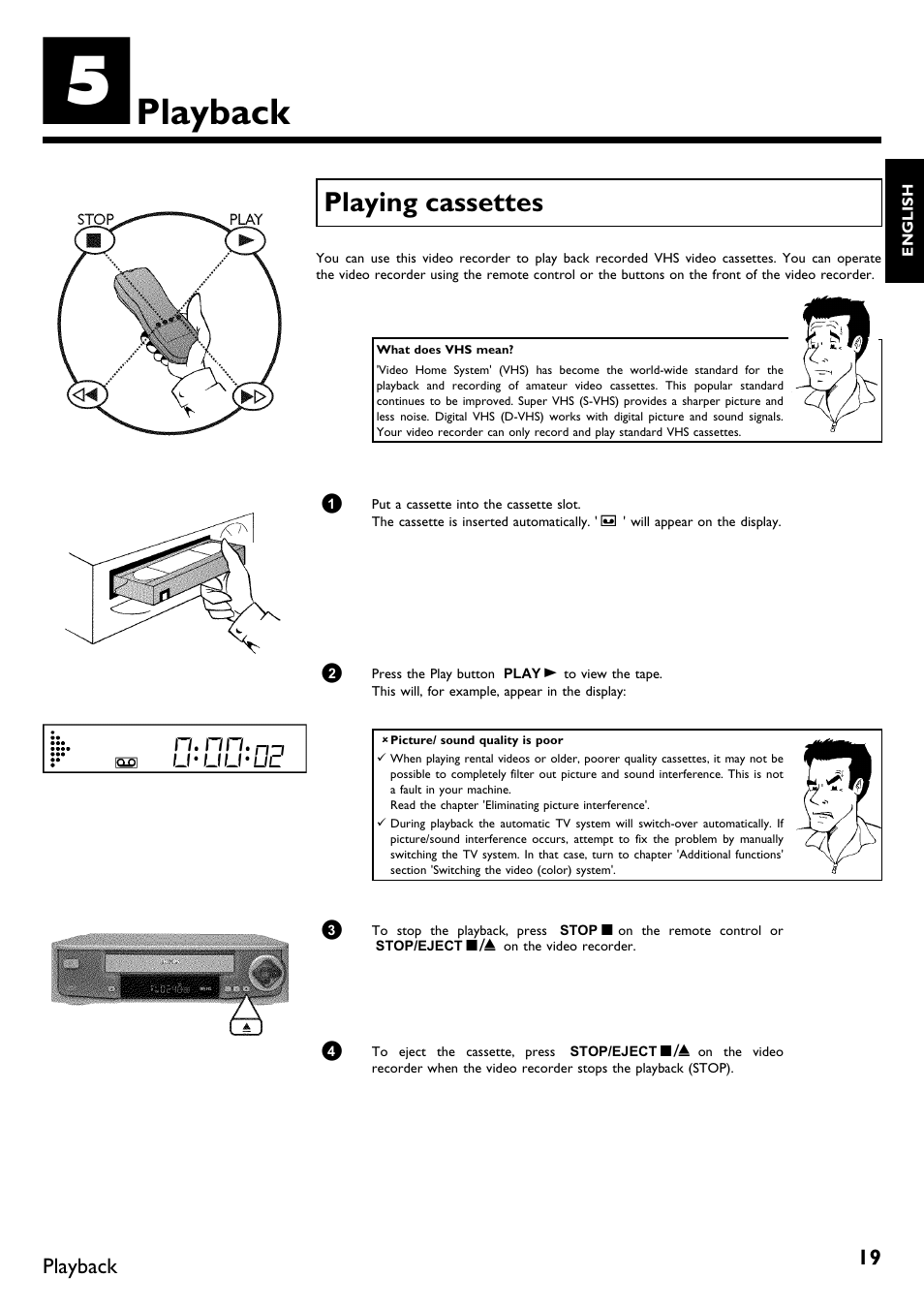 Playback, Playing cassettes | Philips VR670B/58 User Manual | Page 23 / 49