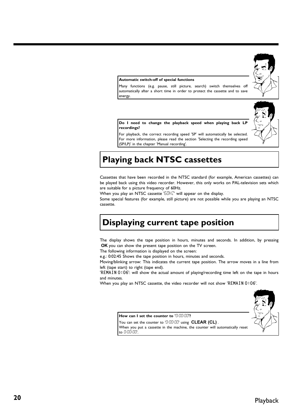 Playing back ntsc cassettes, Displaying current tape position, Playback | Philips VR670B/58 User Manual | Page 24 / 49