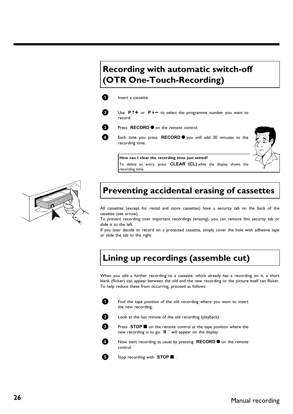 Preventing accidental erasing of cassettes, Lining up recordings (assemble cut), Manual recording | Philips VR670B/58 User Manual | Page 30 / 49