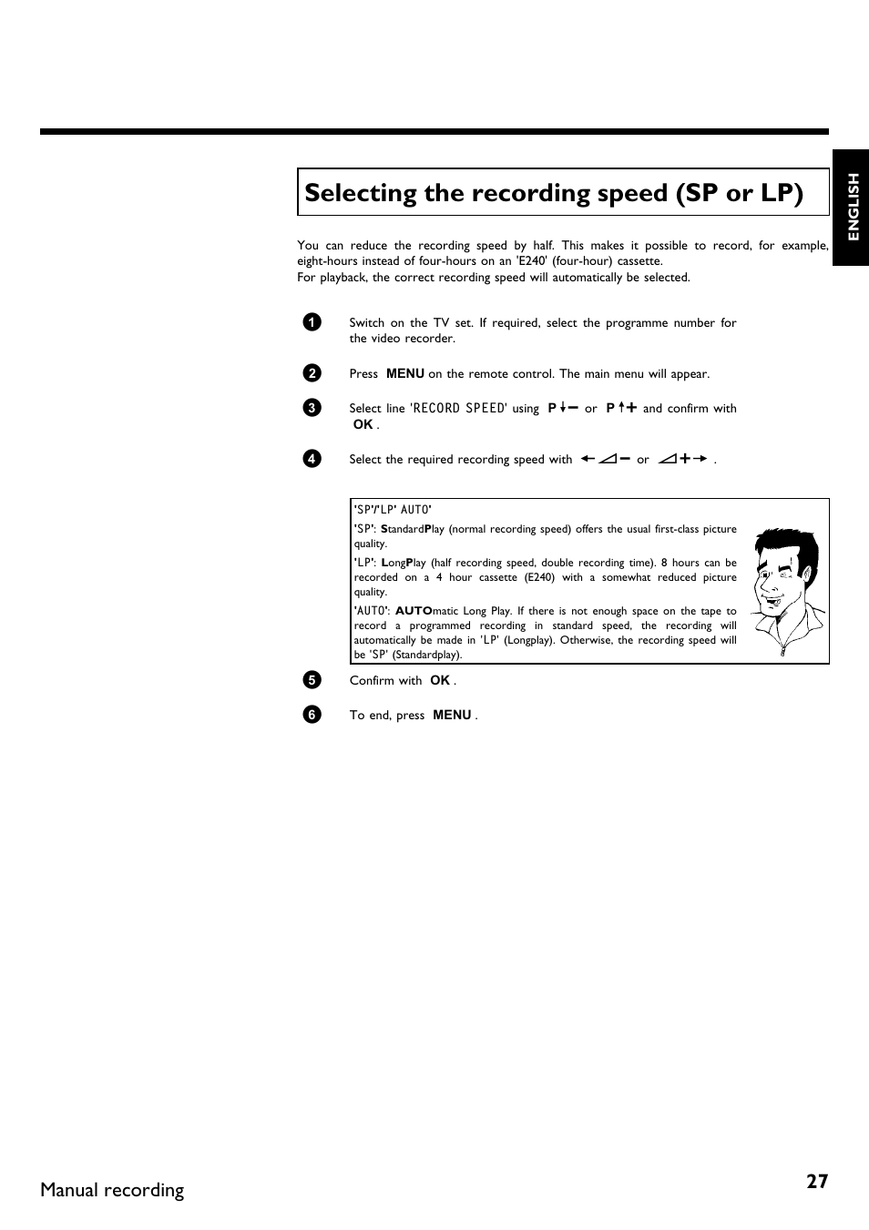 Selecting the recording speed (sp or lp), Manual recording | Philips VR670B/58 User Manual | Page 31 / 49