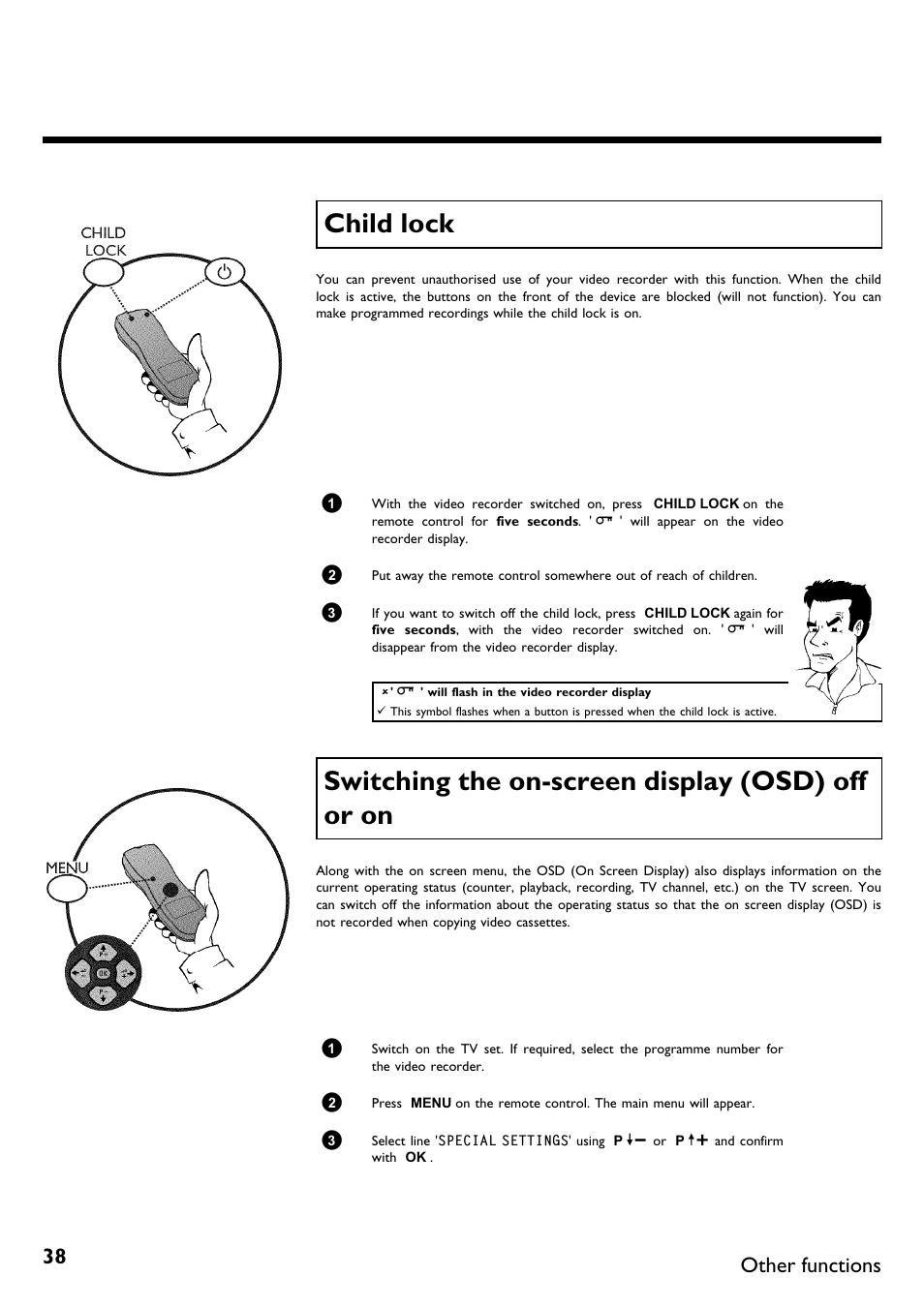 Child lock, Switching the on-screen display (osd) off or on, Switching the on screen display (osd) off or on | Other functions | Philips VR670B/58 User Manual | Page 42 / 49