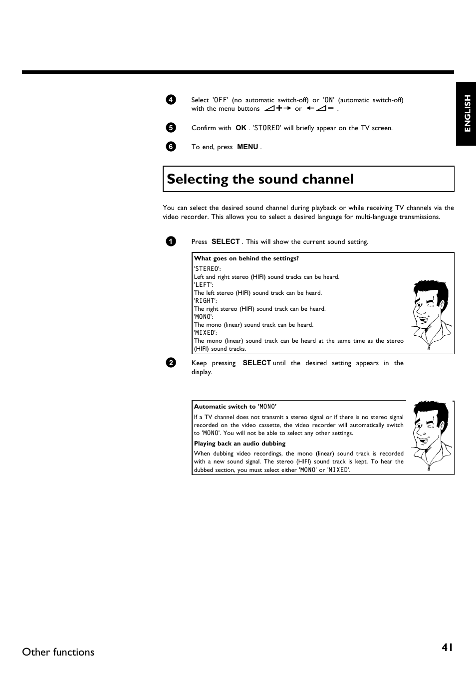 Selecting the sound channel, Other functions | Philips VR670B/58 User Manual | Page 45 / 49