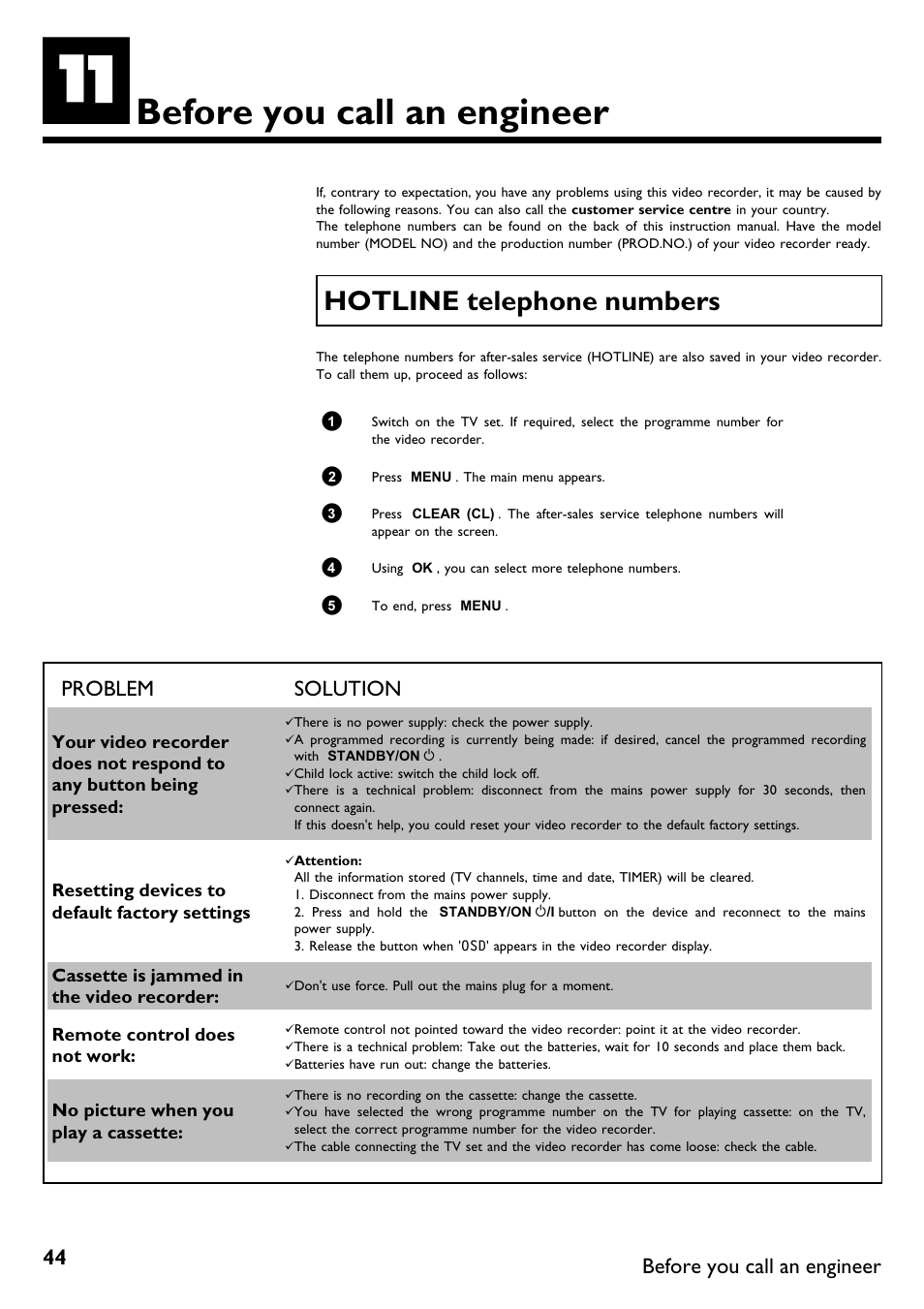 Before you call an engineer, Hotline telephone numbers, Problem solution | Philips VR670B/58 User Manual | Page 48 / 49