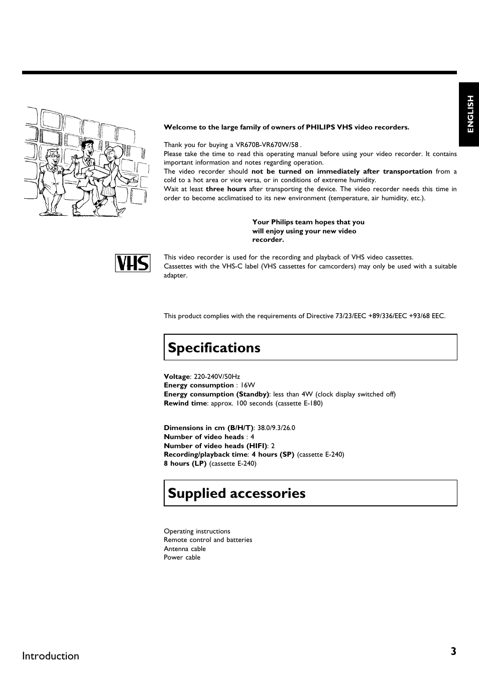 Specifications, Supplied accessories, Introduction | Philips VR670B/58 User Manual | Page 7 / 49