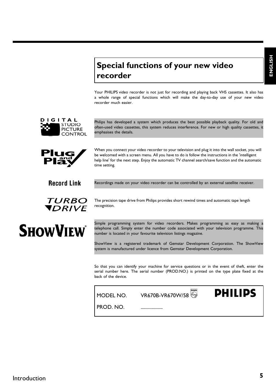 Special functions of your new video recorder, Introduction | Philips VR670B/58 User Manual | Page 9 / 49