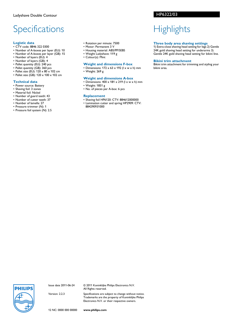 Specifications, Highlights | Philips CX 6 User Manual | Page 2 / 2
