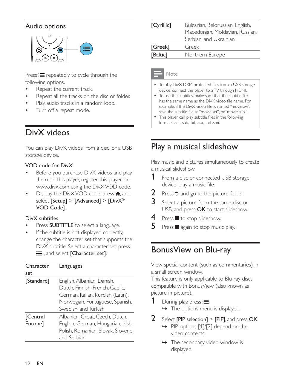 Divx videos, Play a musical slideshow, Bonusview on blu-ray | Philips BDP3390 User Manual | Page 11 / 25