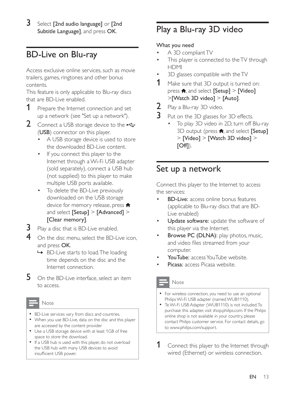 Bd-live on blu-ray, Play a blu-ray 3d video, Set up a network | Philips BDP3390 User Manual | Page 12 / 25