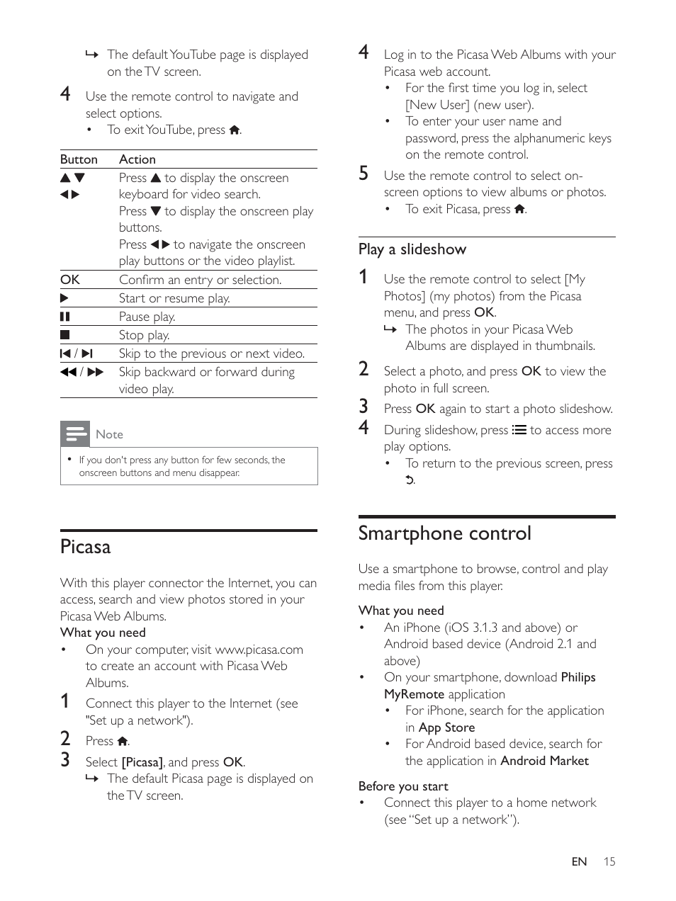 Picasa, Smartphone control | Philips BDP3390 User Manual | Page 14 / 25