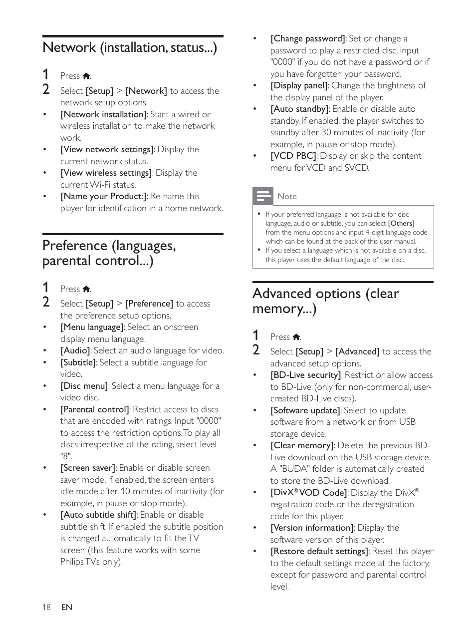 Network (installation, status...) 1, Preference (languages, parental control...) 1 | Philips BDP3390 User Manual | Page 17 / 25