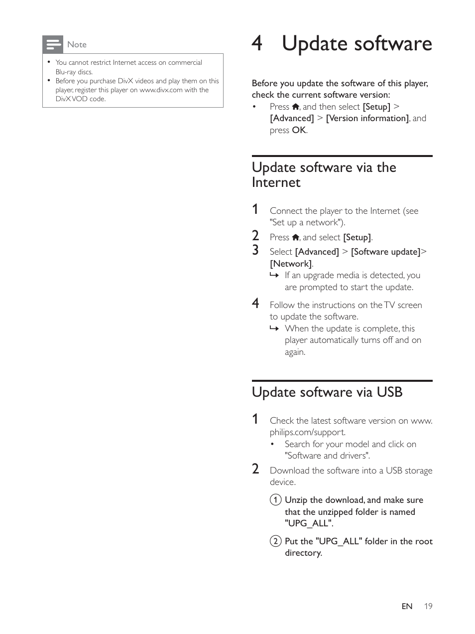 4 update software, Update software via the internet 1, Update software via usb 1 | Philips BDP3390 User Manual | Page 18 / 25