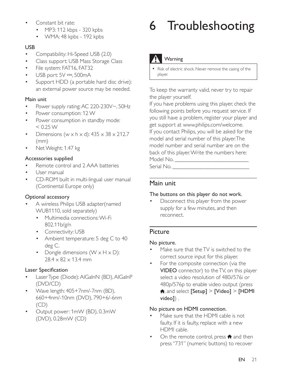 6 troubleshooting, Main unit, Picture | Philips BDP3390 User Manual | Page 20 / 25