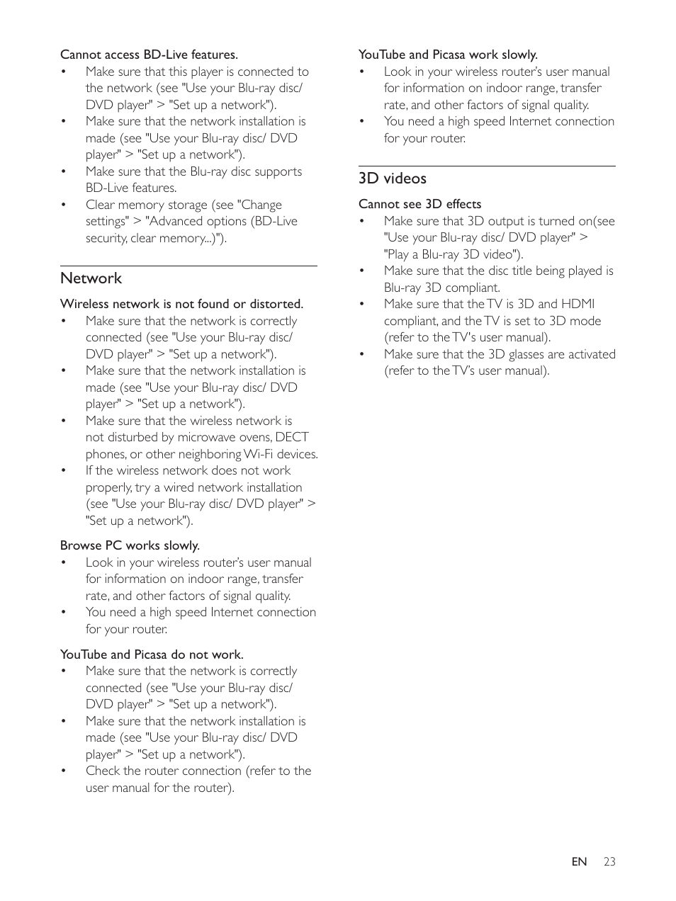 Network, 3d videos | Philips BDP3390 User Manual | Page 22 / 25