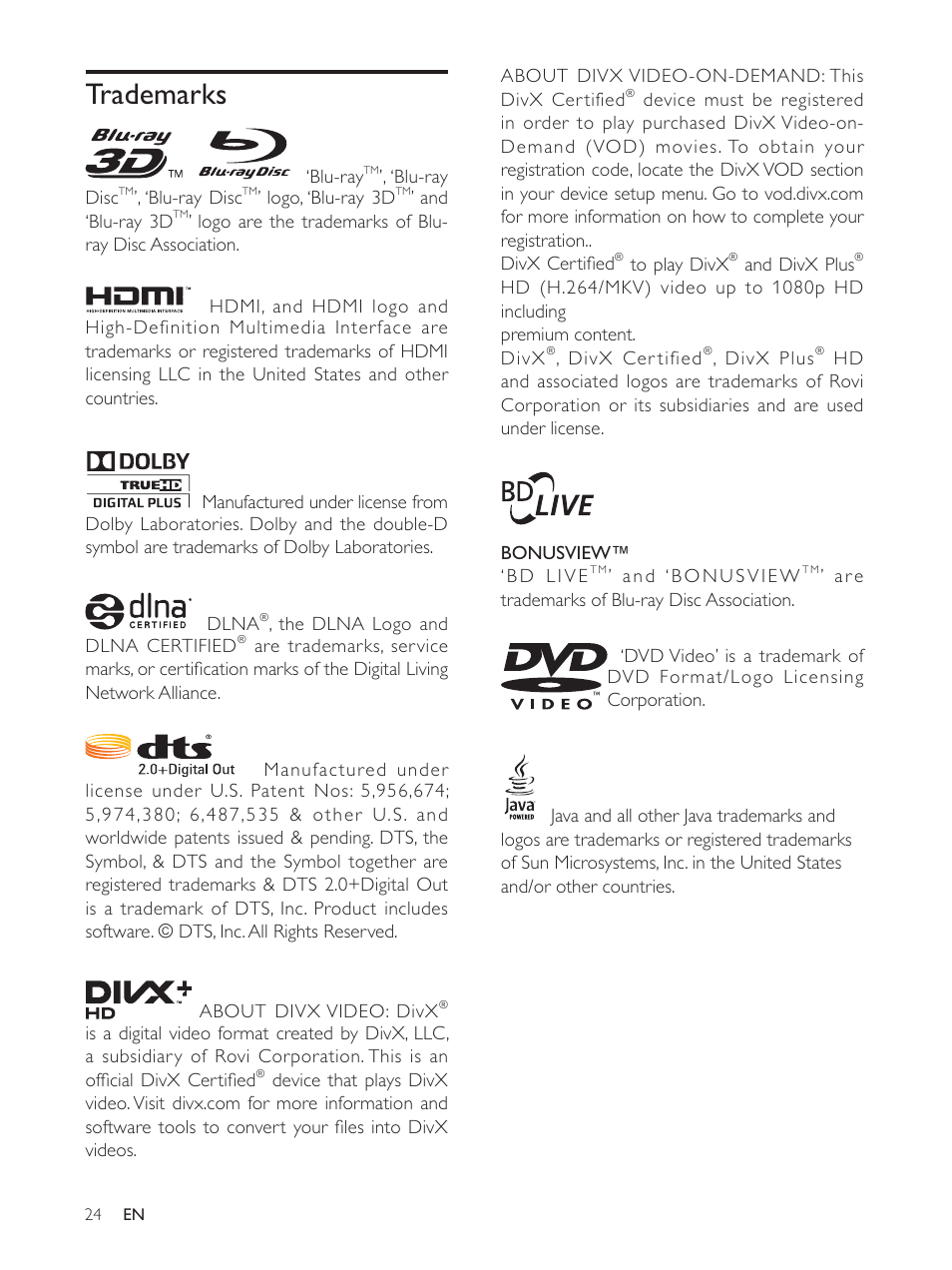 Trademarks | Philips BDP3390 User Manual | Page 23 / 25