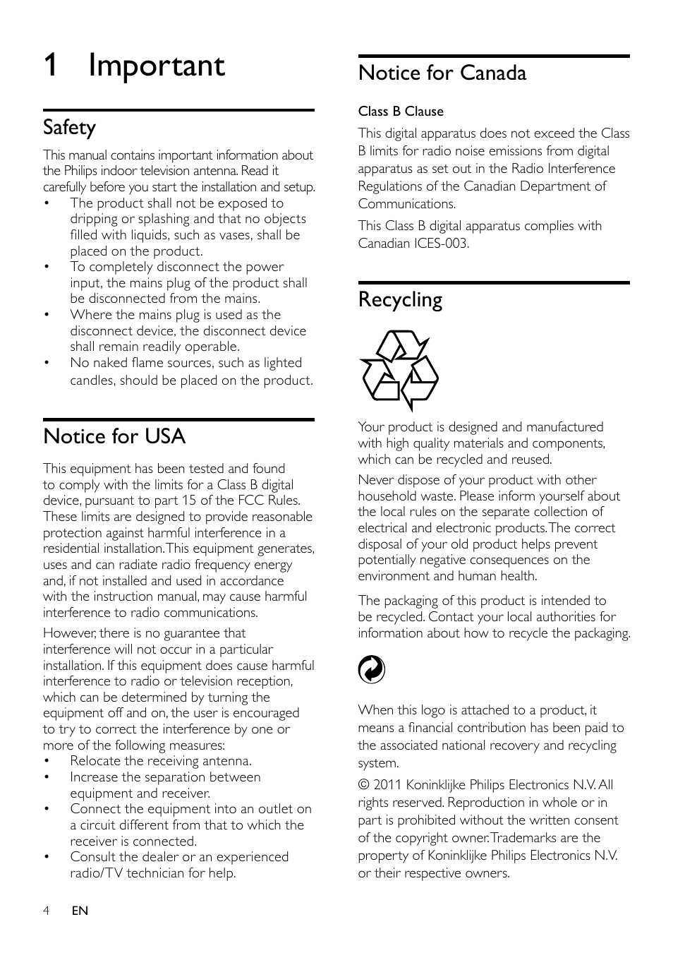 1 important, Safety, Notice for usa | Notice for canada, Recycling | Philips SDV7120/27 User Manual | Page 3 / 10