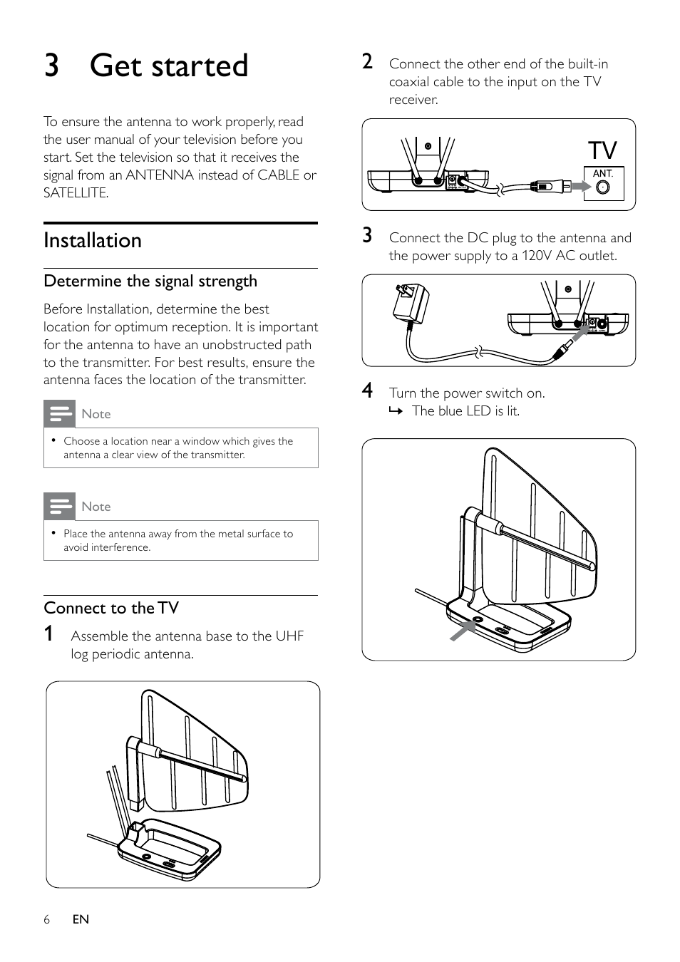 3 get started, Installation, Determine the signal strength | Connect to the tv | Philips SDV7120/27 User Manual | Page 5 / 10