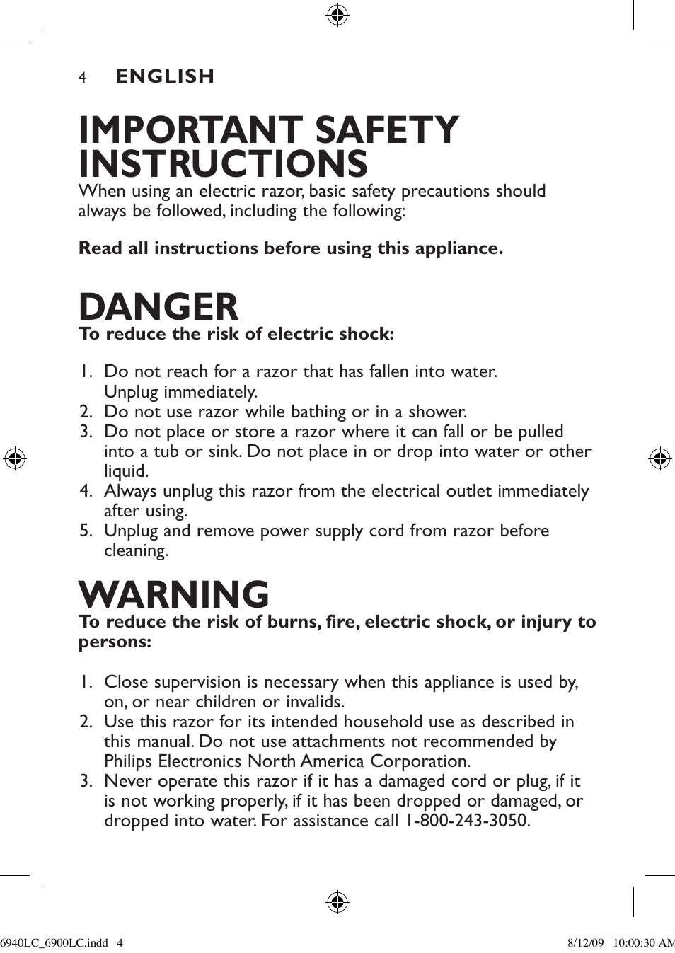 Important safety instructions, Danger, Warning | Philips 6900LC User Manual | Page 4 / 36