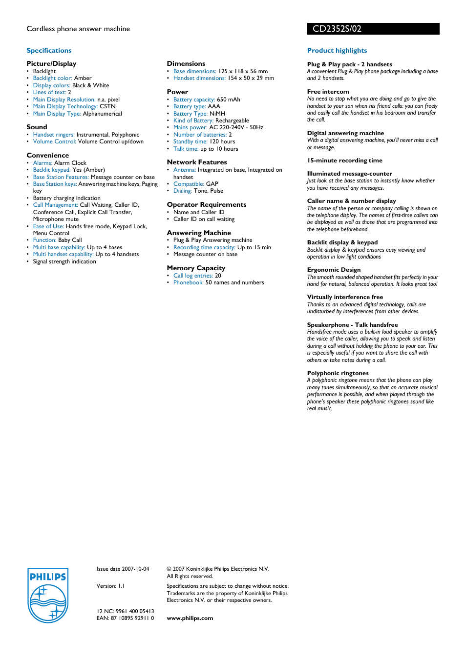 Philips CD2352S User Manual | Page 2 / 2