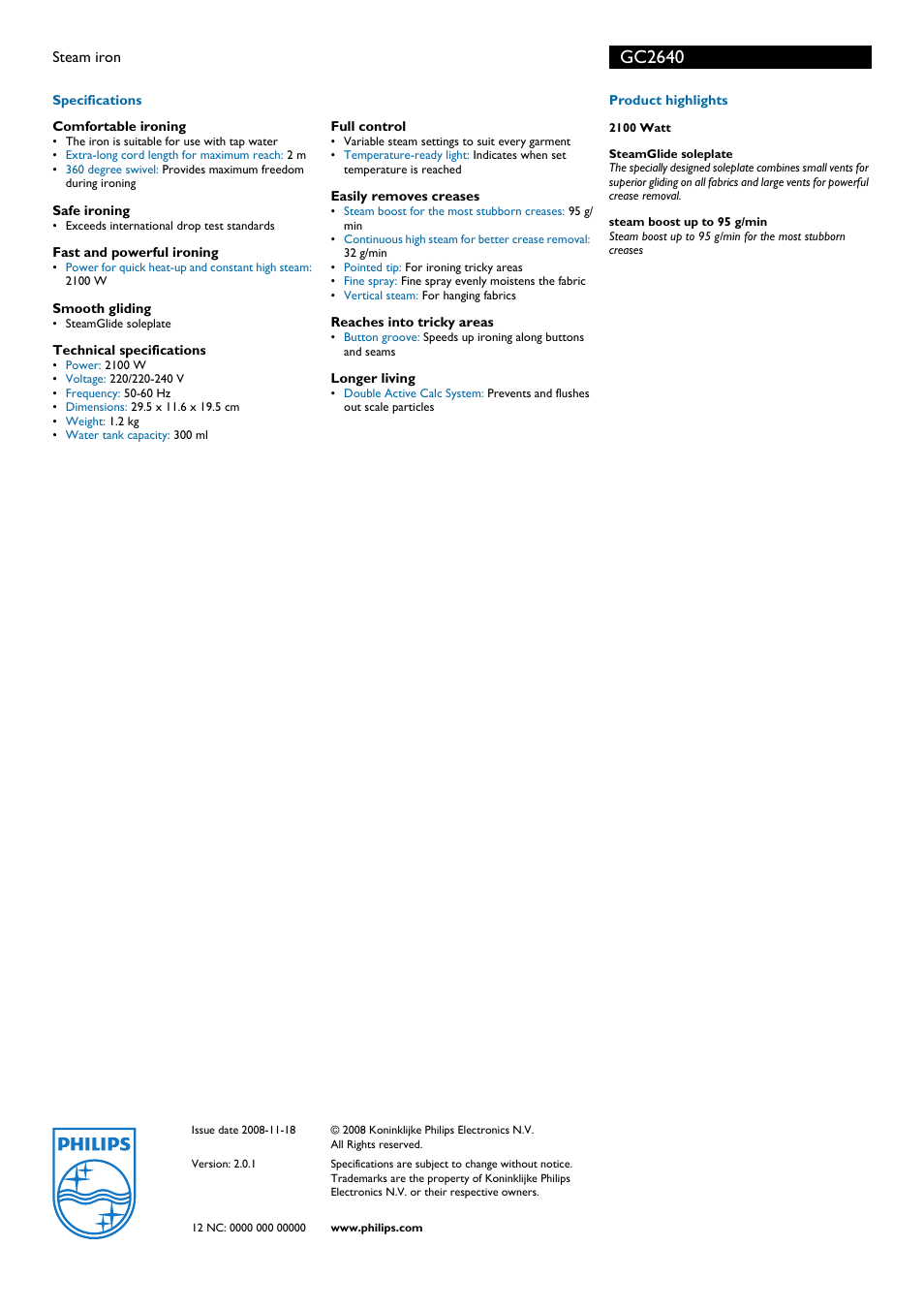 Gc2640 | Philips GC2640 User Manual | Page 2 / 2