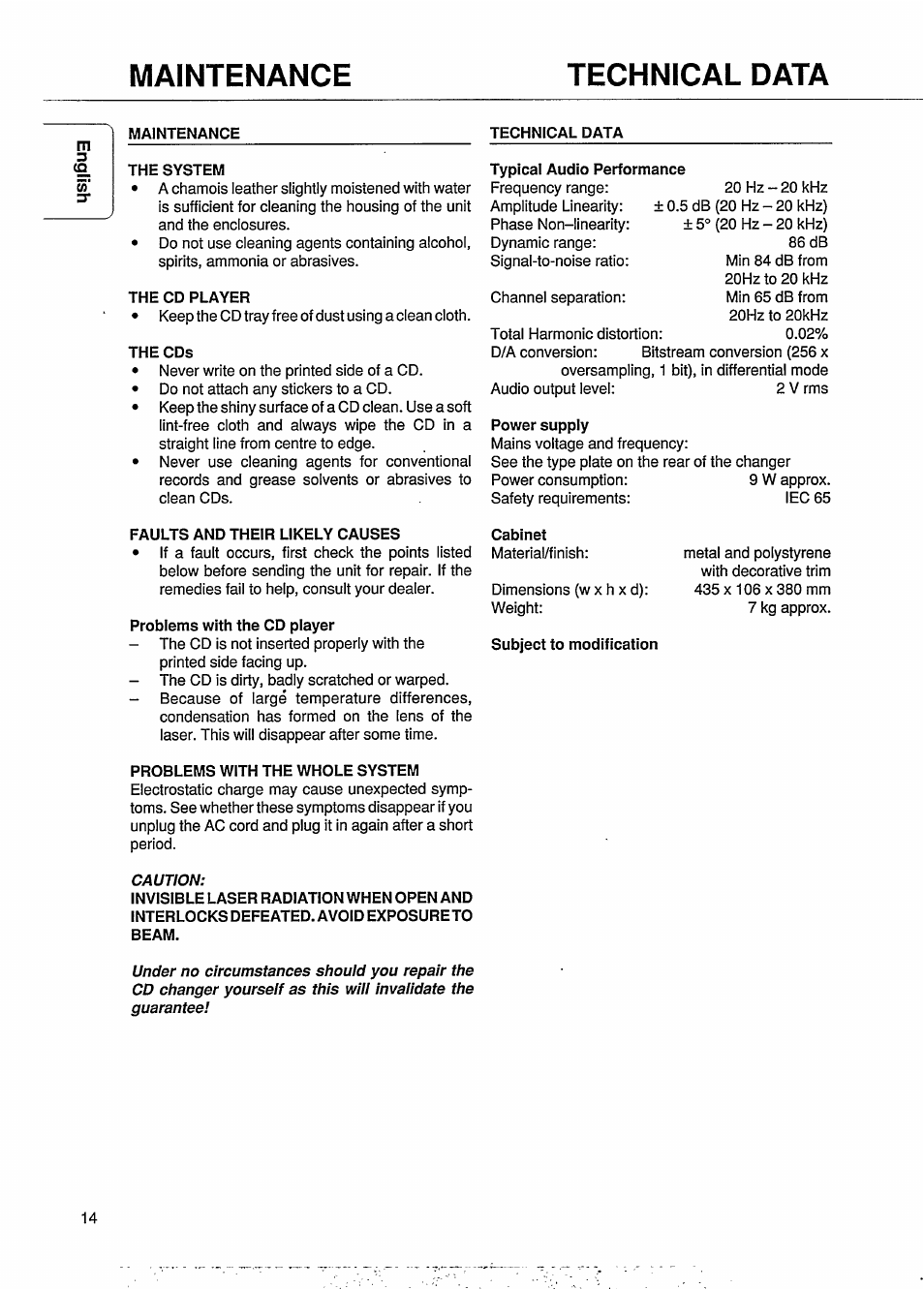 The system, The cd player, Faults and their likely causes | Problems with the cd player, Problems with the whole system, Maintenance technical data | Philips CDC 745 User Manual | Page 16 / 20