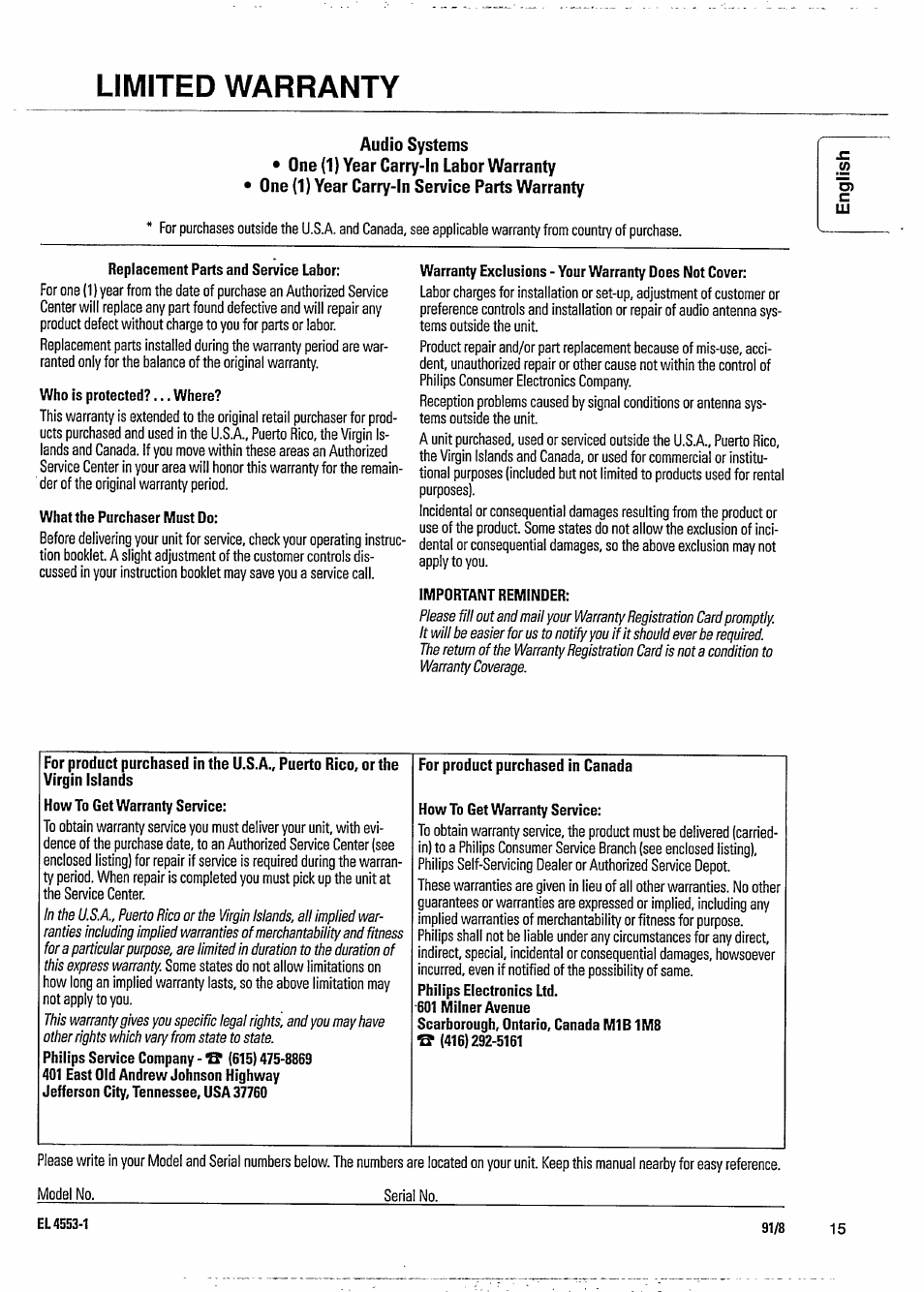 Limited warranty, Audio systems | Philips CDC 745 User Manual | Page 17 / 20