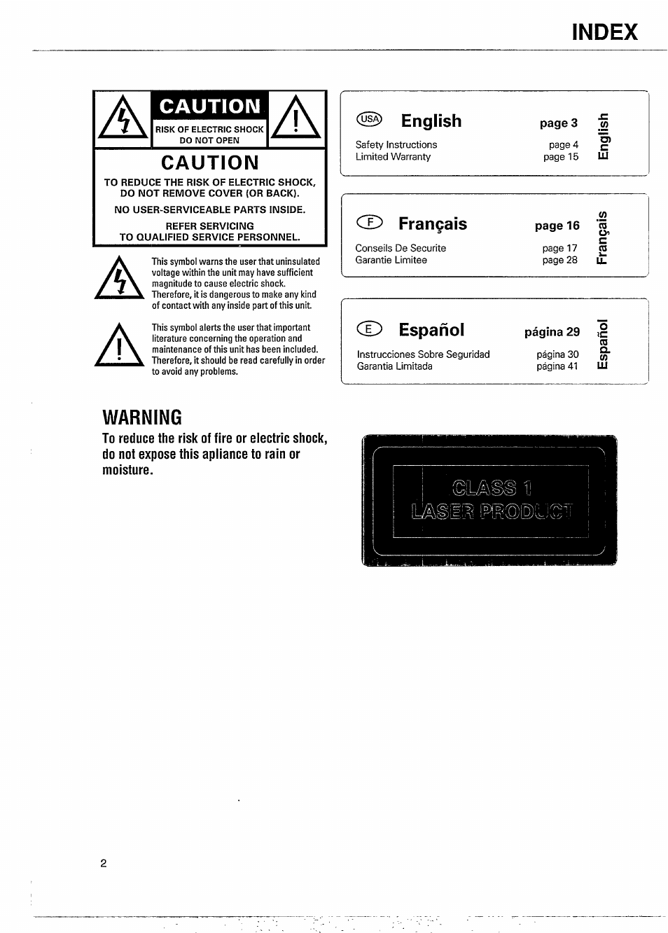 Caution, No user-serviceable parts inside, Refer servicing | To qualified service personnel, Index, Warning, English, Français, Español | Philips CDC 745 User Manual | Page 2 / 20