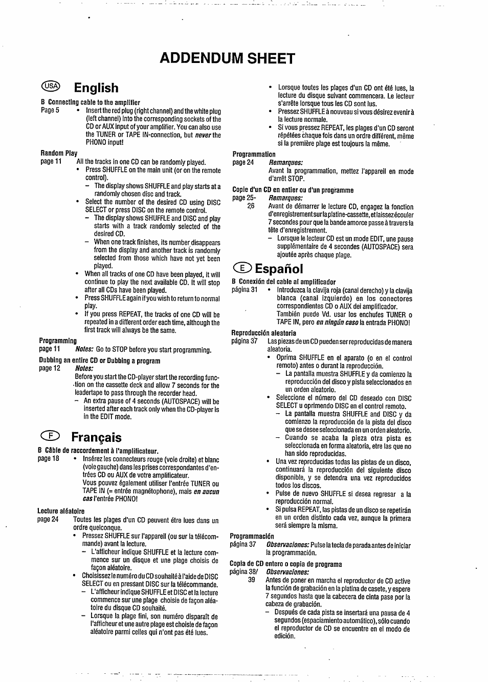 Addendum sheet, English, Français | Español, Never vcie, Remarques, En aucun cas, En ningún caso, Observaciones | Philips CDC 745 User Manual | Page 3 / 20