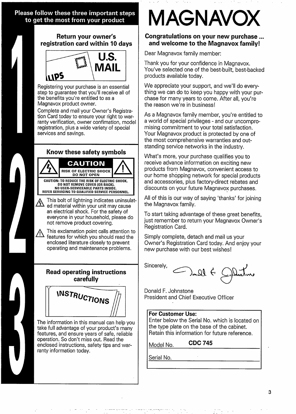 Know these safety symbols, Read operating instructions carefully, Magnavox | For customer use, Cdc 745, Caution | Philips CDC 745 User Manual | Page 5 / 20