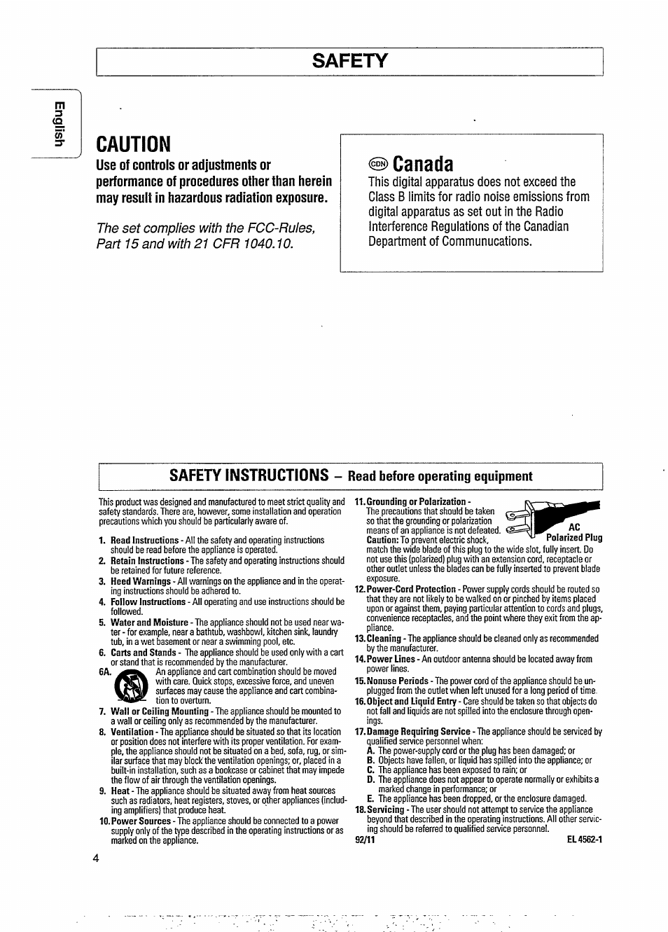 Grounding or polarization, 92/11 el 4562-1, Safety | Canada, Caution, Safety instructions, Read before operating equipment | Philips CDC 745 User Manual | Page 6 / 20