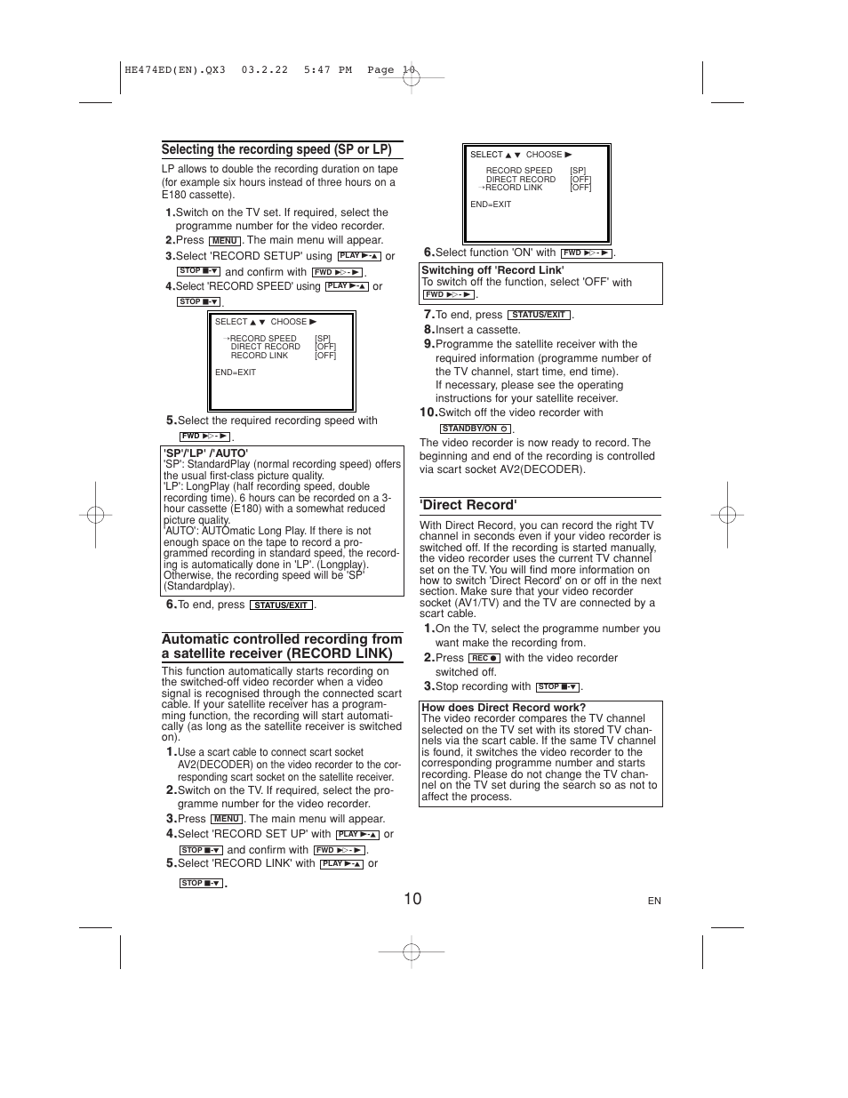 Selecting the recording speed (sp or lp), Direct record | Philips VR 540 User Manual | Page 10 / 16