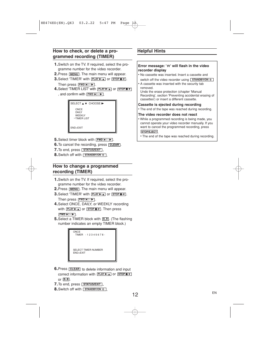 How to change a programmed recording (timer), Helpful hints | Philips VR 540 User Manual | Page 12 / 16