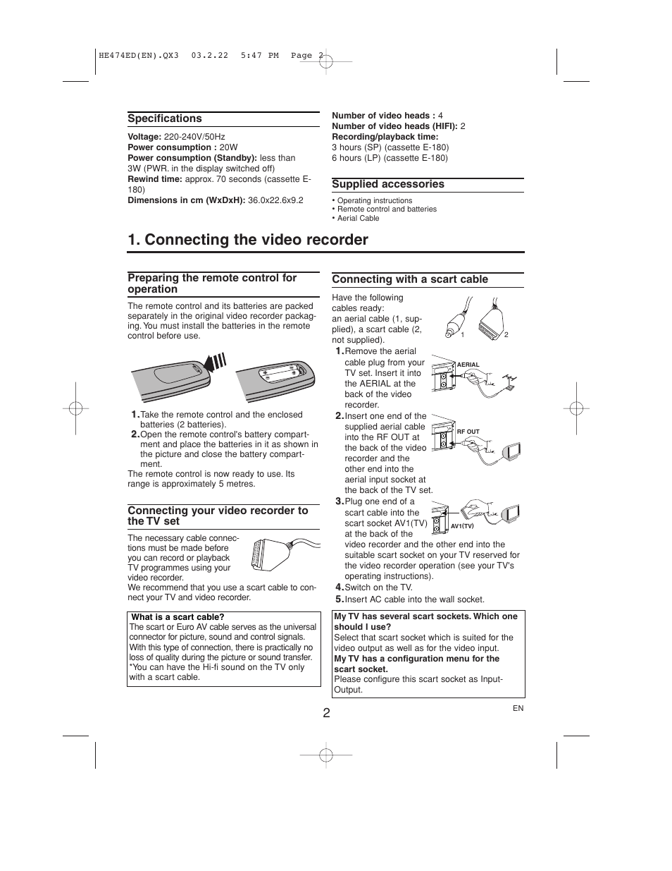 Connecting the video recorder | Philips VR 540 User Manual | Page 2 / 16