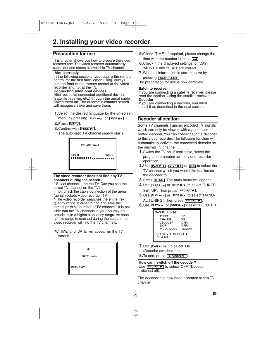 Installing your video recorder, Preparation for use, Decoder allocation | Philips VR 540 User Manual | Page 4 / 16