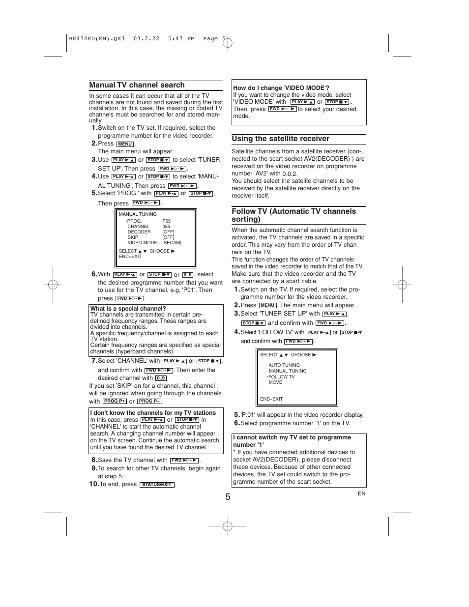 Manual tv channel search, Using the satellite receiver, Follow tv (automatic tv channels sorting) | Philips VR 540 User Manual | Page 5 / 16