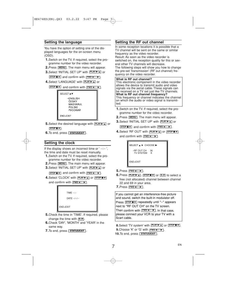 Setting the language, Setting the clock, Setting the rf out channel | Philips VR 540 User Manual | Page 7 / 16