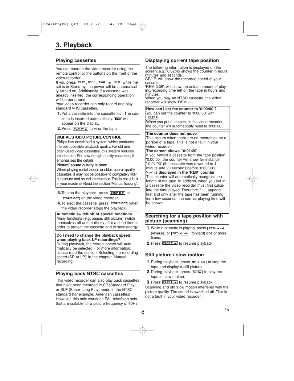 Playback | Philips VR 540 User Manual | Page 8 / 16