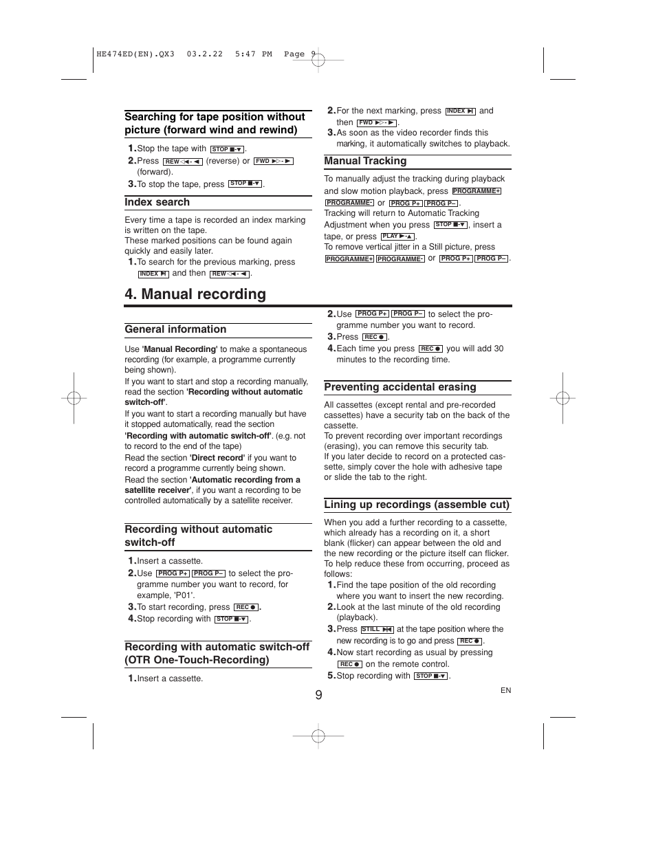 Manual recording | Philips VR 540 User Manual | Page 9 / 16