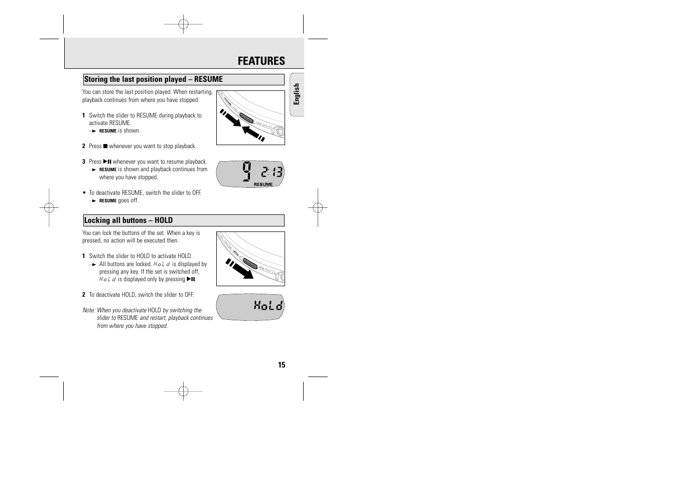 Features, Locking all buttons – hold, Storing the last position played – resume | English | Philips AZ 9235 User Manual | Page 15 / 22