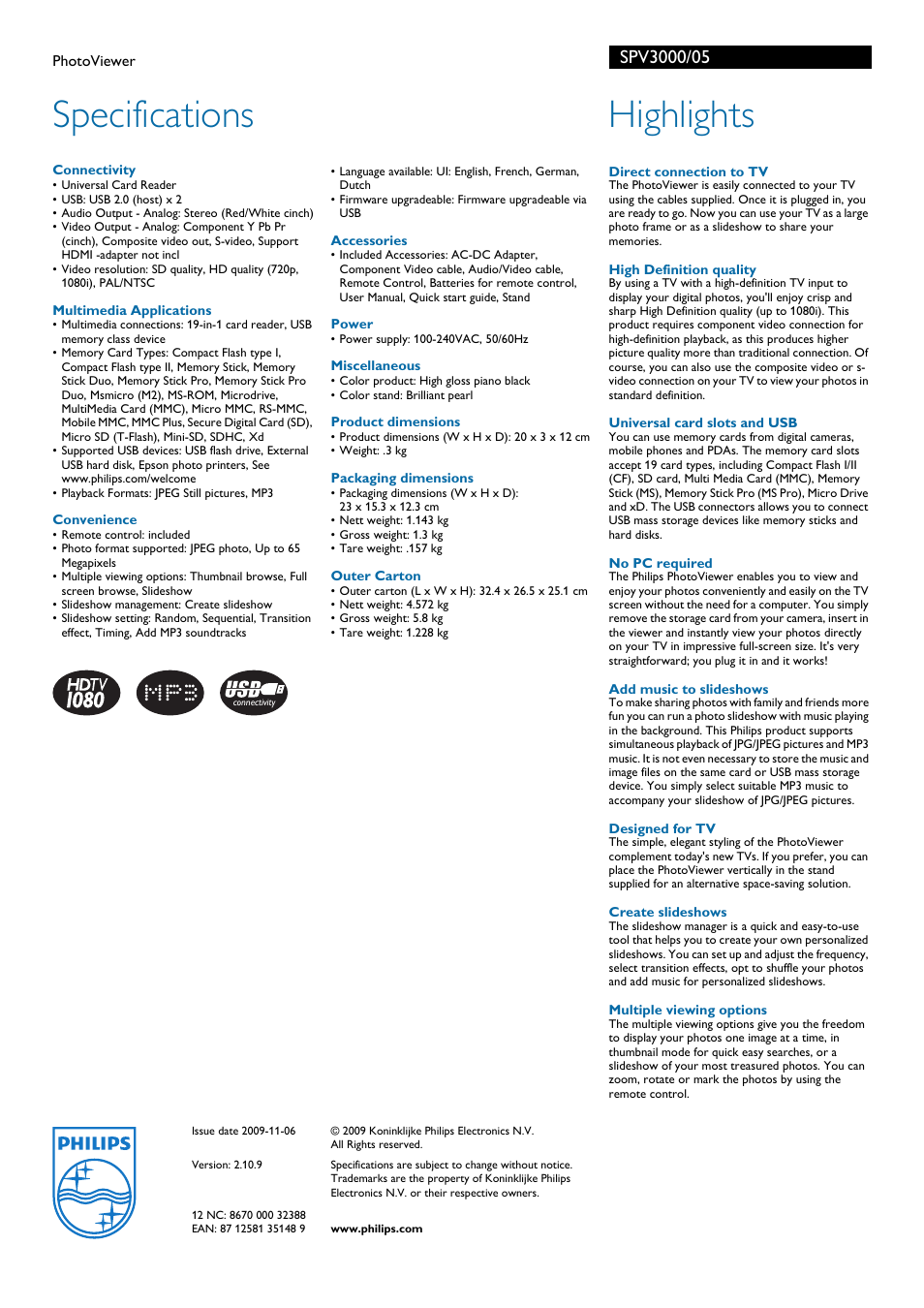 Specifications, Highlights | Philips SPV3000 User Manual | Page 2 / 2