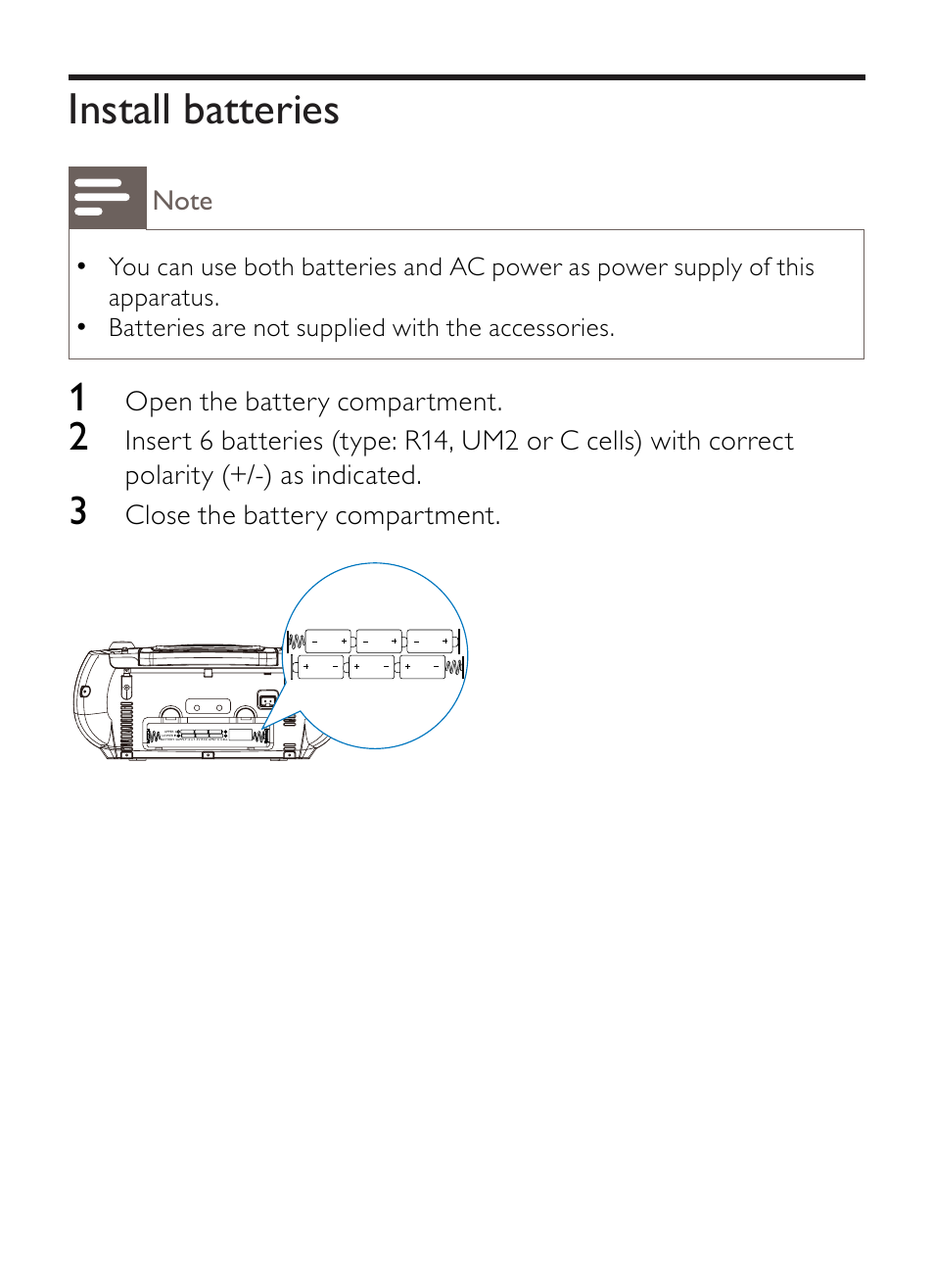 Install batteries | Philips AZ1852 User Manual | Page 13 / 29